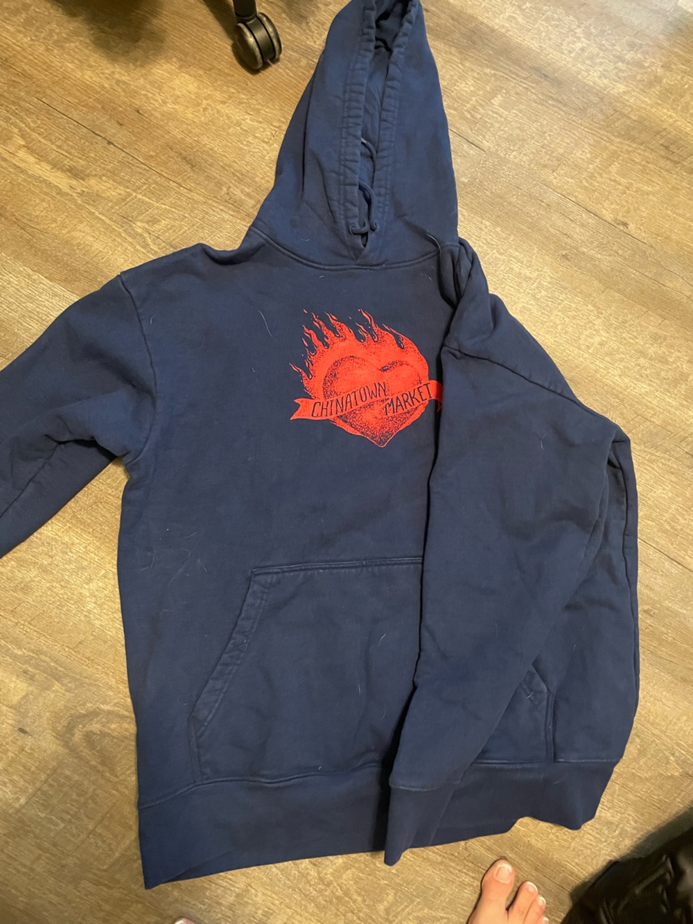 Chinatown Market Navy Crewneck Hoodie with Red Flame Heart Graphic